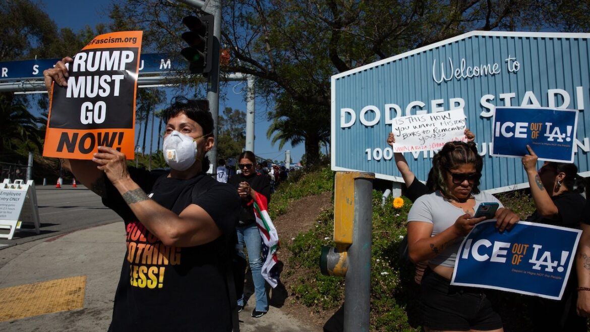 Protesters gather at Dodger Stadium amid ICE controversy in Los Angeles