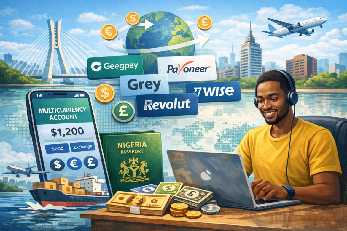 Image of a Nigerian freelancer pressing his laptop with headphone over his ears while researching for the Best Multicurrency Accounts in Nigeria