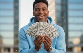 Image of aperson smiling with many many dollars in his hands