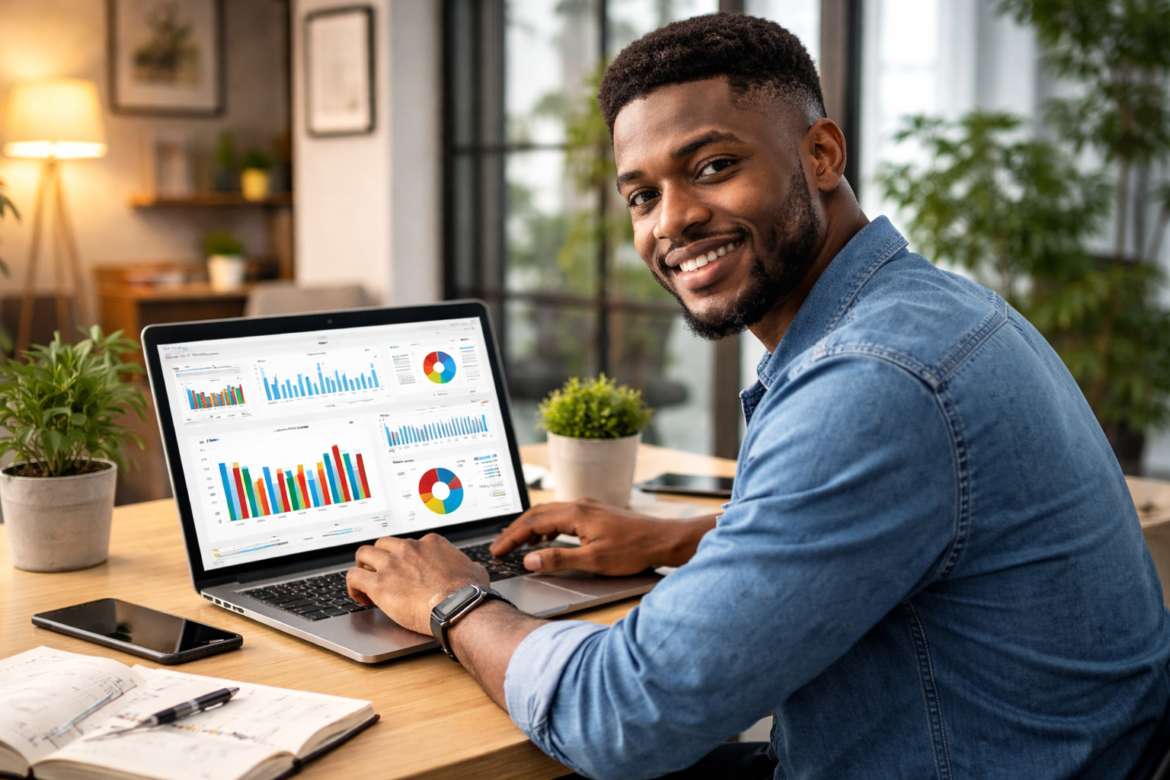 Nigerian man working as a data analyst from home and smiling into the camera