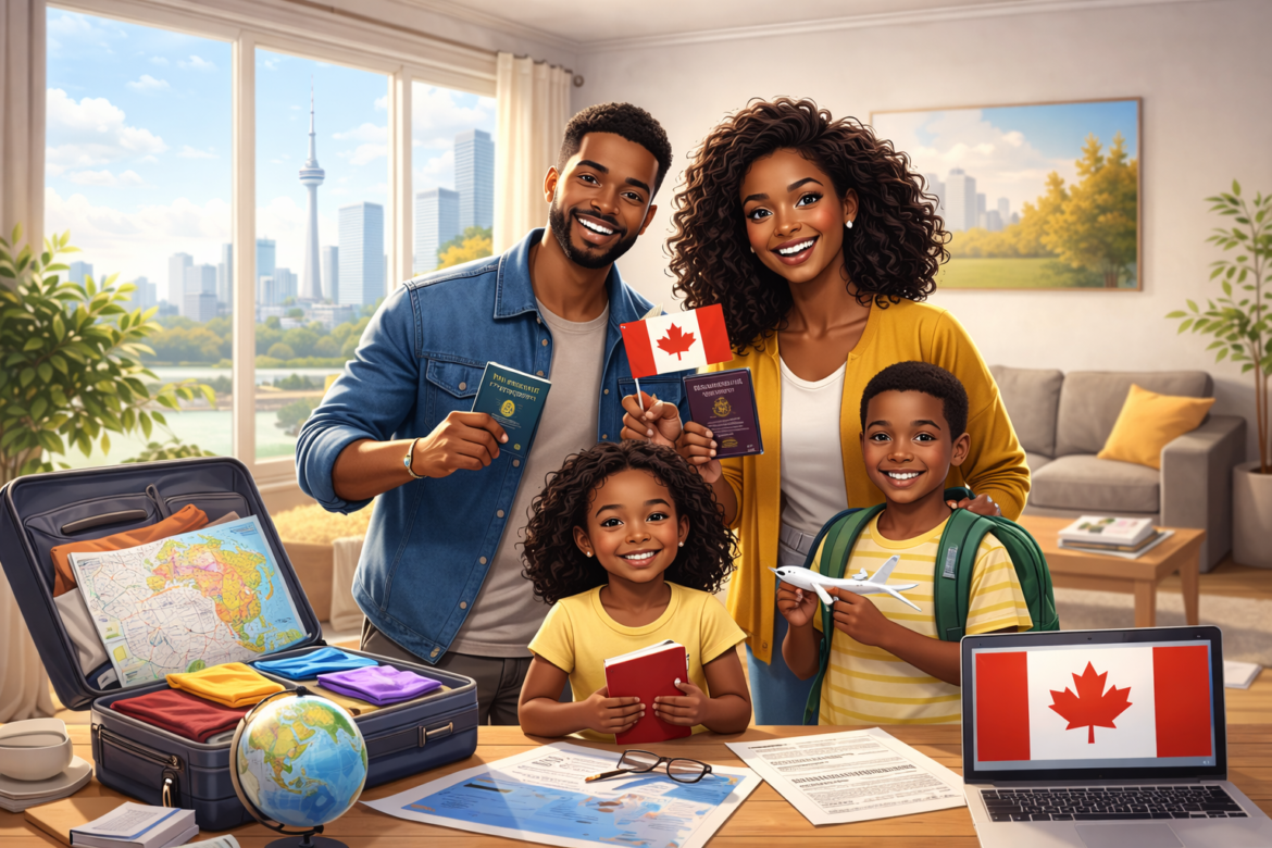 Nigerian family at airport relocating to Canada smiling depicting How to Relocate to Canada from Nigeria