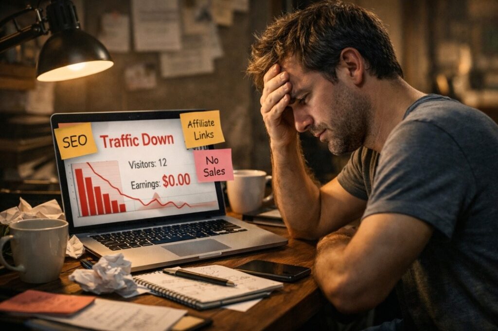 Man worriedly thinking Why most affiliate blogs struggle