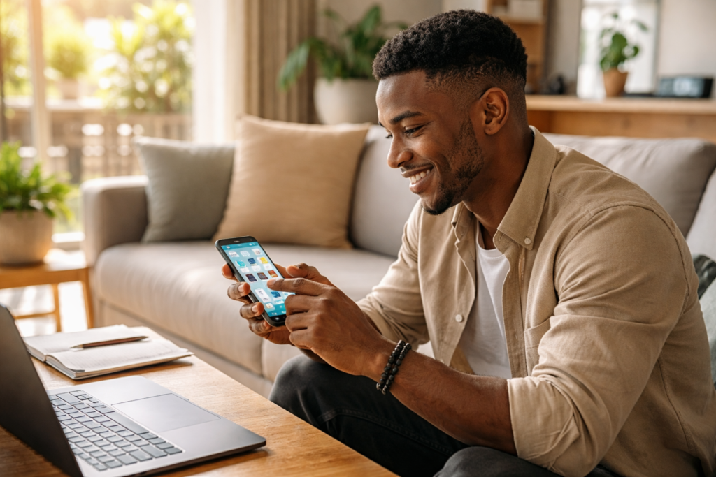 A man smiling while working from his phone in his Nigerian home and using AI tools