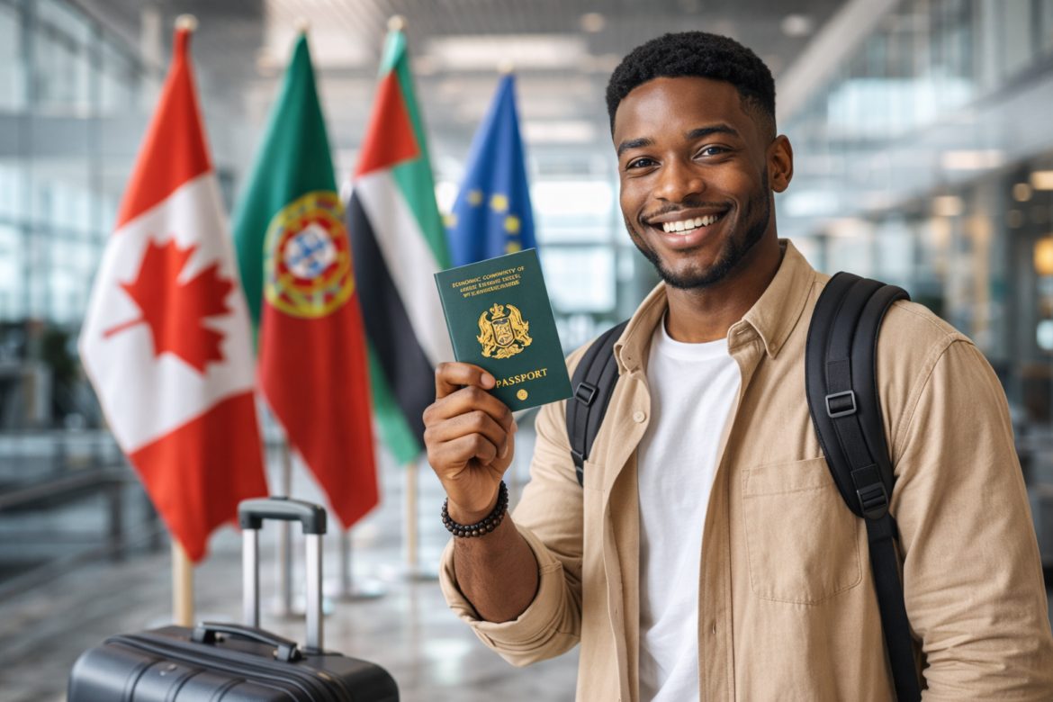 Smiling man standing amongst different country flags holding up with an international pasport depicting 10 Easiest Countries to Migrate to from Nigeria