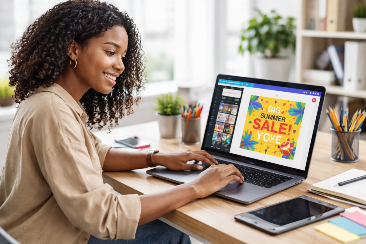 A lady working with canva on her PC and wondering Best Graphic Design Tools for Beginners in Nigeria