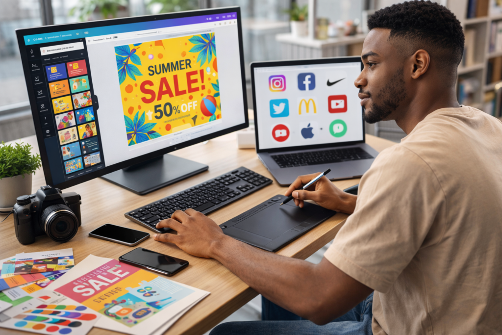 A beginner graphic designer thinking of the "Best Graphic Design Tools for Beginners in Nigeria( Free and Paid)".