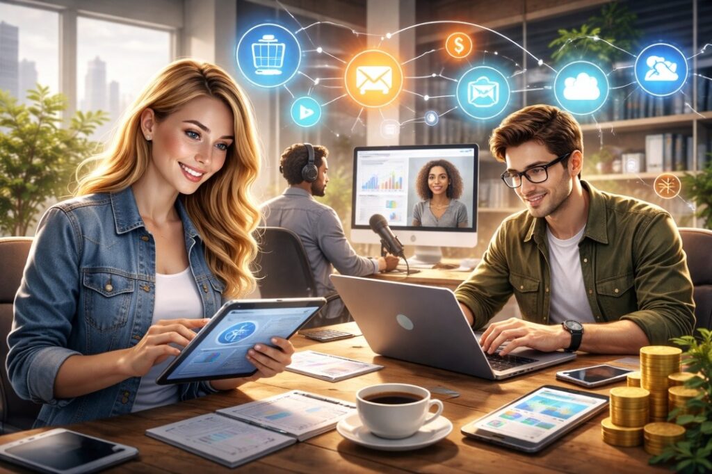 Three young people in a room engaing in their digital businesses