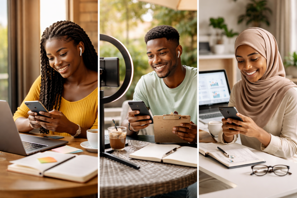 Imge of three different beginners happily exploring how Working From Your Phone in the comfort of their homes and searching for more Imge of three different beginners happily exploring how Working From Your Phone in the comfort of their homes and searching for more income generating assets.