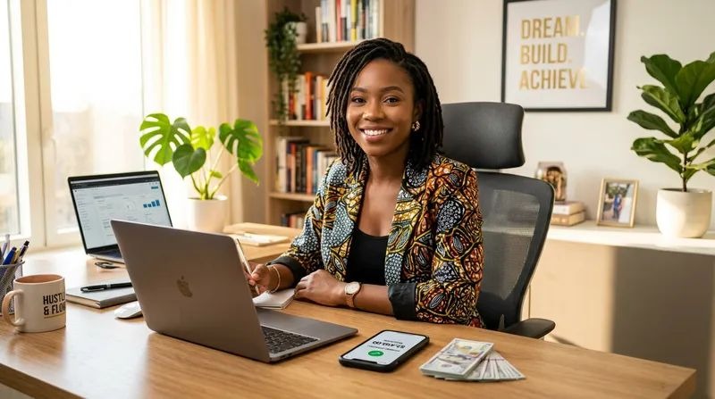 A young lady smiling at the camera while working from her PC and happy becaused she can Earn in Dollars From Nigeria 
