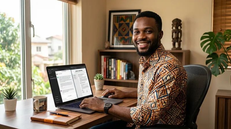 Man smiling at the camera while learning How to Use ChatGPT to Write a CV in Nigeria