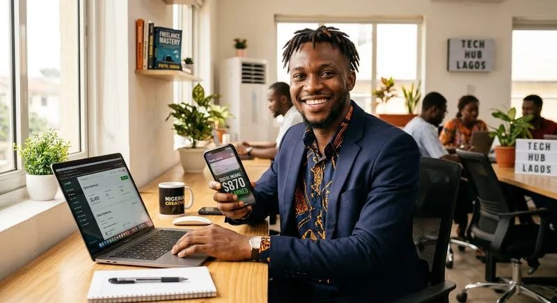 Nigerian guy smiling because he is making good money working online