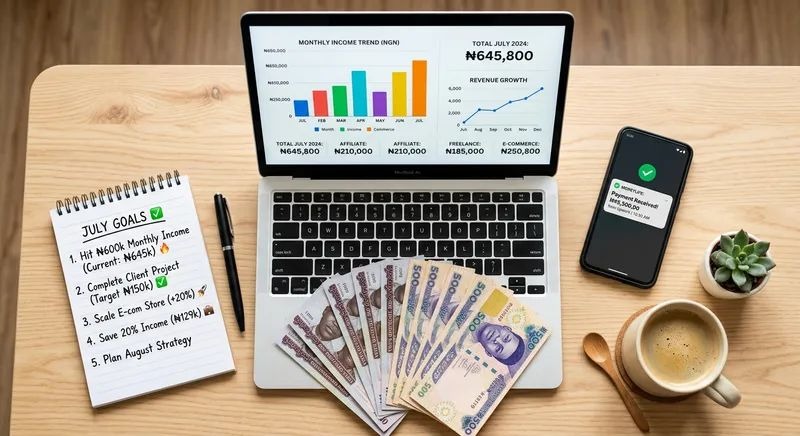A laptop opened on a desk with a jotter displaying checklist with naira currencies on the keyboard depicting How to Make ₦50,000 Per Month Online in Nigeria