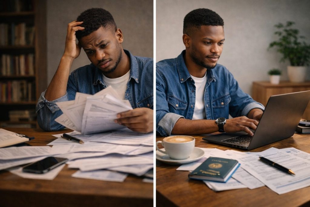 A man sitting on a desk with an international passport and many papers on the table thinking about How to Study in Germany for Free as a Nigerian Student 
