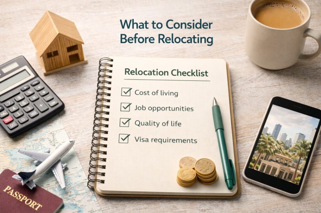 A book with check list containing What to Consider Before Relocating